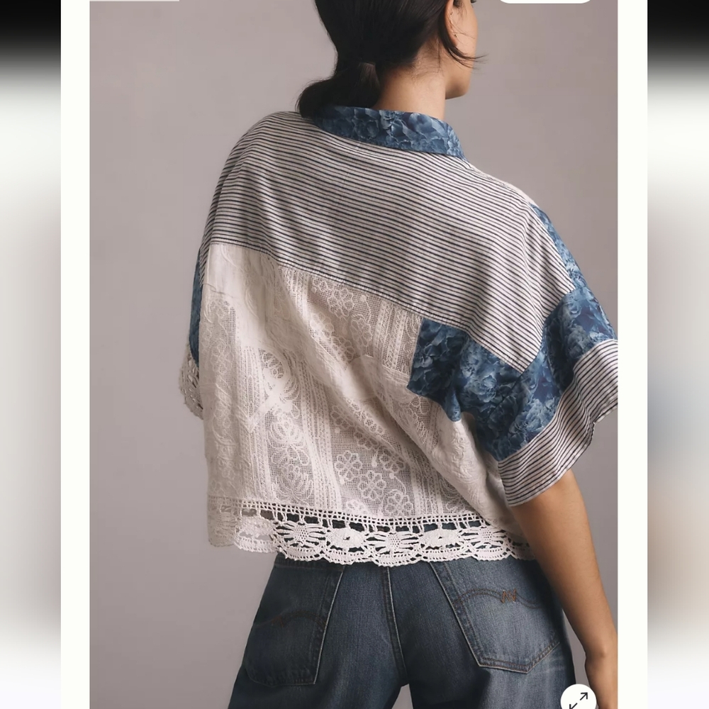 Blue & White Lace Panel Button-Up Shirt - Women - Picture 3 of 8